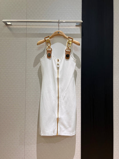 LV Double-Head Zipper Design Slits Dress White Cotton