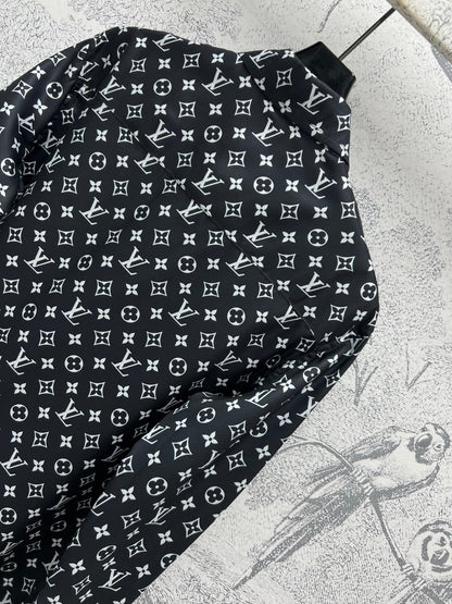 LV 25 Flower Barrage Print Lapel Shirt Black Polyester