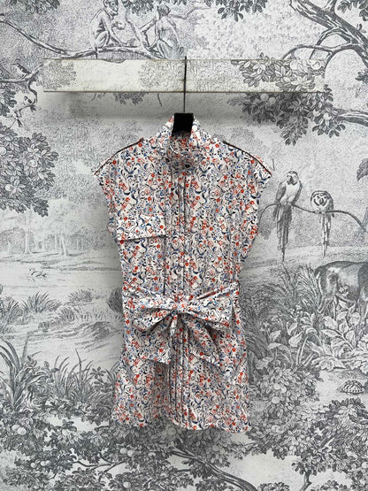 LV 25 Floral Print Stand-up Collar Sleeveless Dress Multicolor Poliester