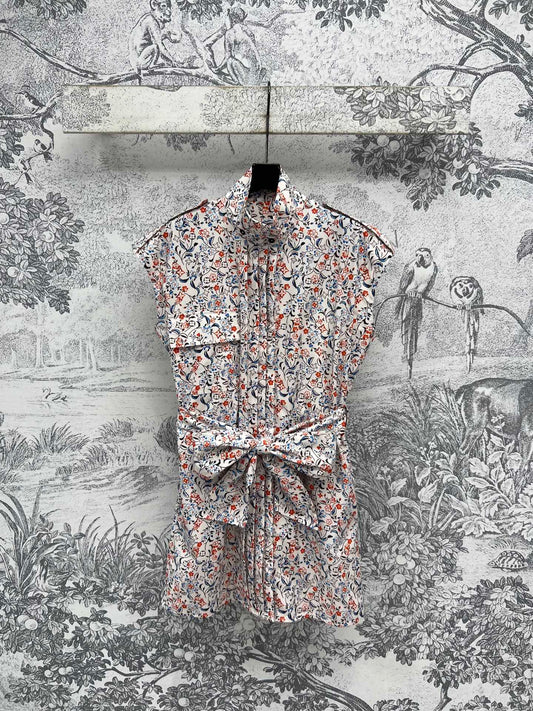 LV 25 Floral Print Stand-up Collar Sleeveless Dress Multicolor Poliester