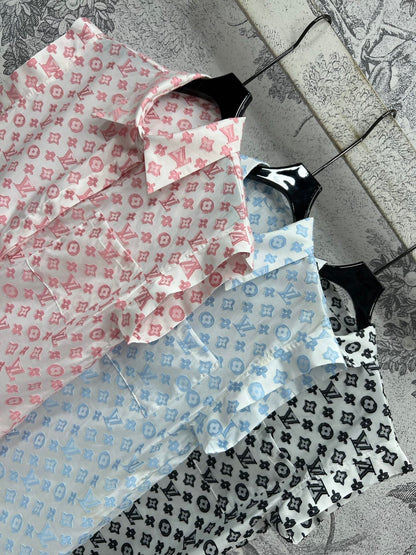 LV 25 Retro Hong Kong Small Flying Sleeve Shirt Pink Black Blue Viscose Rayon