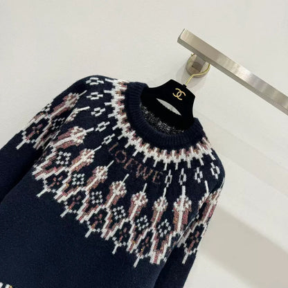 Loewe 2025 Sequin-embellished Fair Isle Wool-blend Navy Blue Sweater