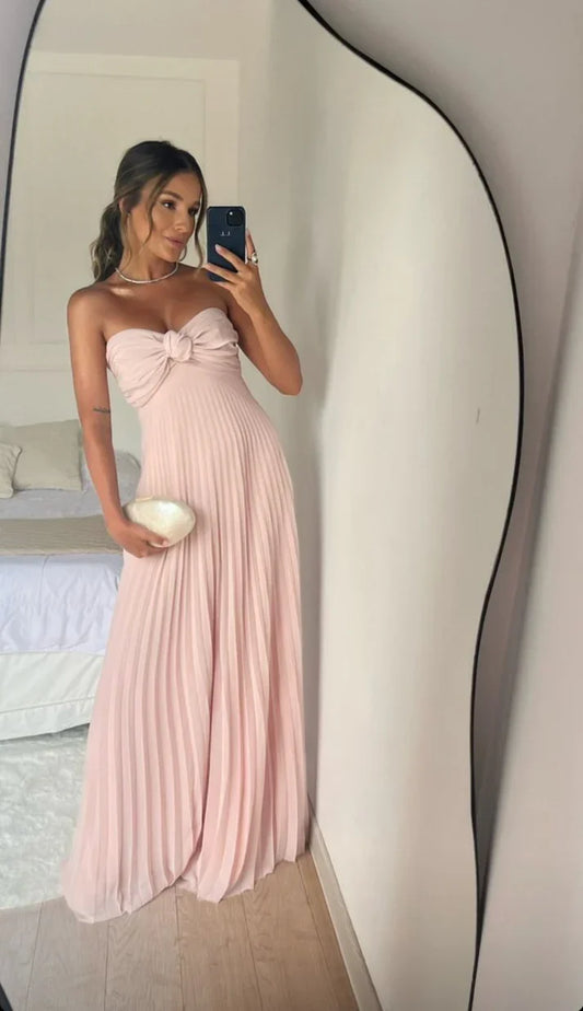 Gentle A Line Strapless Pink Chiffon Long Prom Dress Pleated Formal Party Gown SH2571