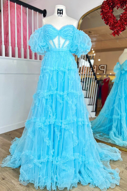 Sky Blue Ruffled Puff Sleeves A-line Long Prom Dress