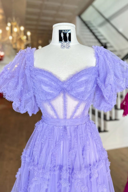 Sky Blue Ruffled Puff Sleeves A-line Long Prom Dress