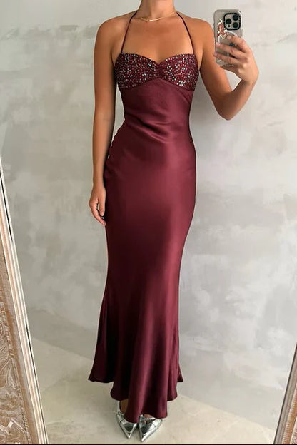 Spaghetti Straps Lace Up Beaded Long Party Evening Dress