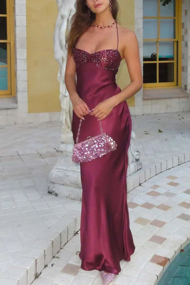 Spaghetti Straps Lace Up Beaded Long Party Evening Dress