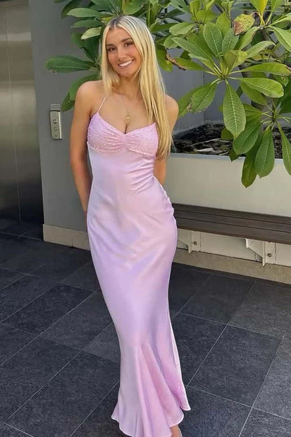 Spaghetti Straps Lace Up Beaded Long Party Evening Dress