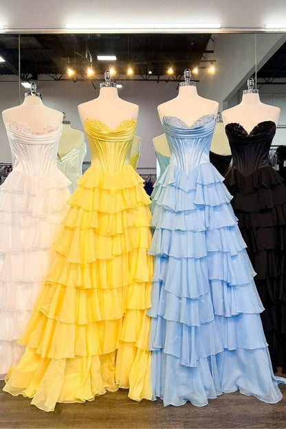 Strapless Applique Corset Ruffle Prom Dress with Slit