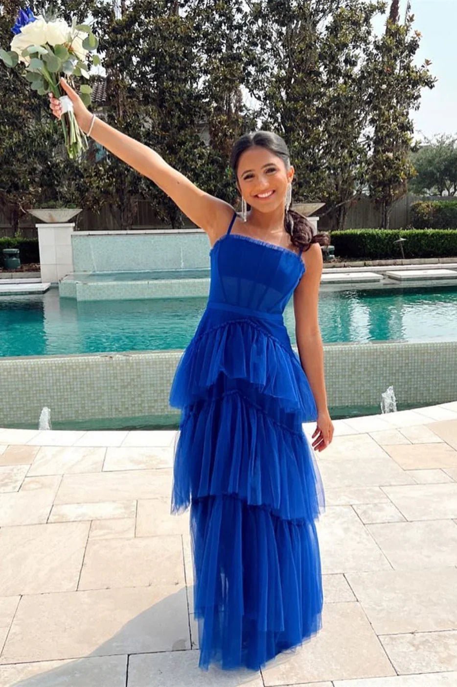 Straps Tulle A-Line Sheer Empire Tiered Prom Party Dress