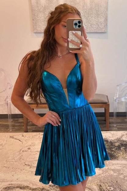 Peacock Blue Pleated V-Neck A-Line Homecoming Dress