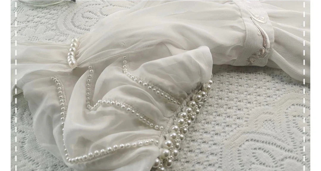 Gorgeous Mermaid Puffle Embroidery Pearl White Chiffon Prom Dress Evening Dress SH2133