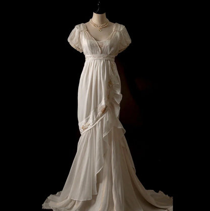 Gorgeous Mermaid Puffle Embroidery Pearl White Chiffon Prom Dress Evening Dress SH2133