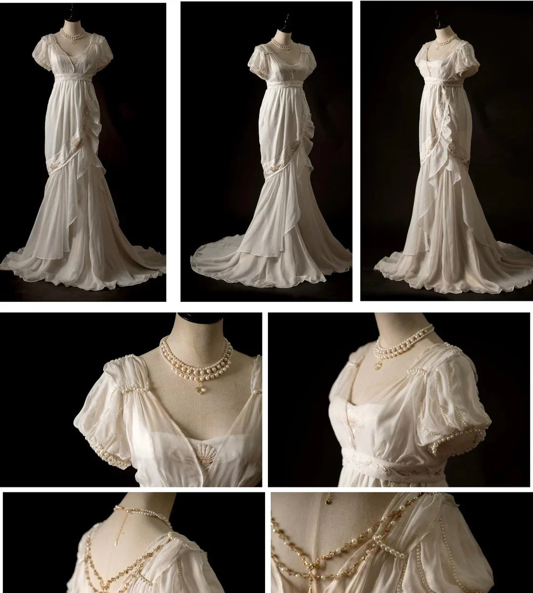 Gorgeous Mermaid Puffle Embroidery Pearl White Chiffon Prom Dress Evening Dress SH2133