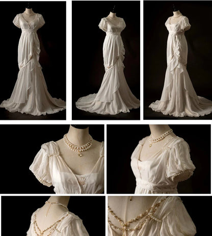 Gorgeous Mermaid Puffle Embroidery Pearl White Chiffon Prom Dress Evening Dress SH2133