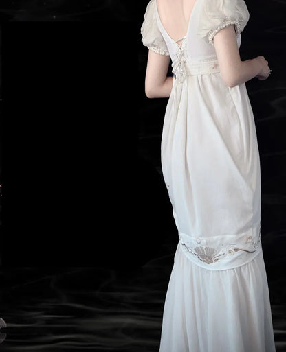 Gorgeous Mermaid Puffle Embroidery Pearl White Chiffon Prom Dress Evening Dress SH2133