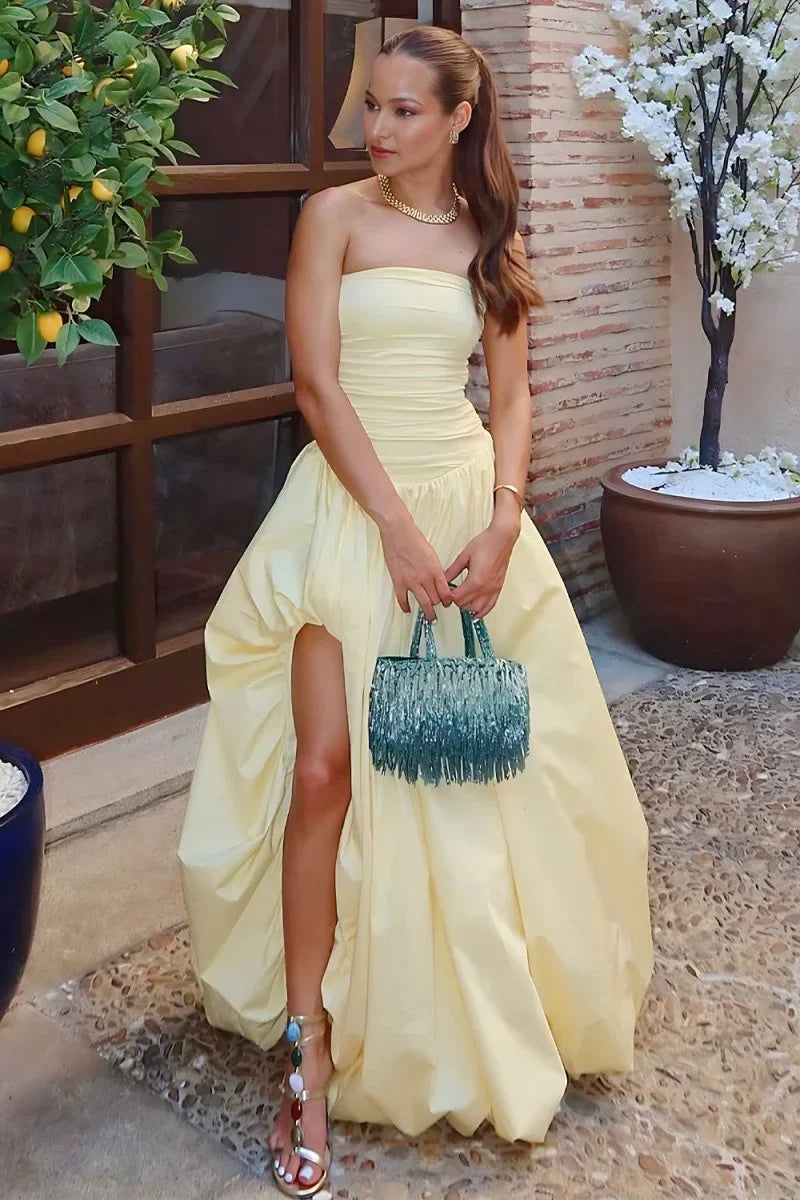 Satin A-Line Pleated Strapless Party Evening Dress With Slit
