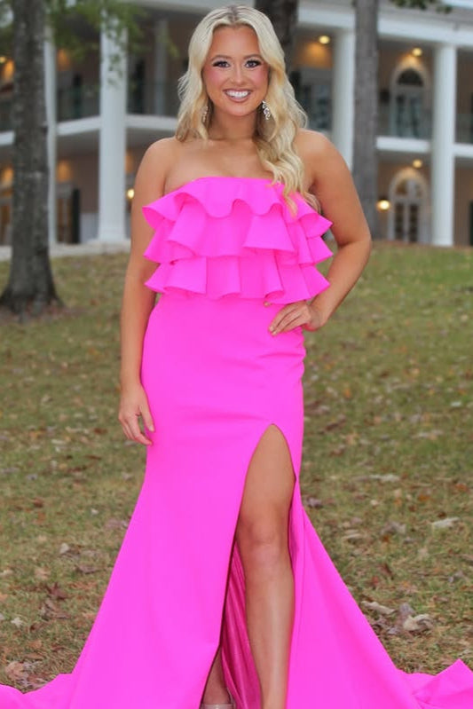 Ruffled Strapless Satin A-Line Party Prom Dress