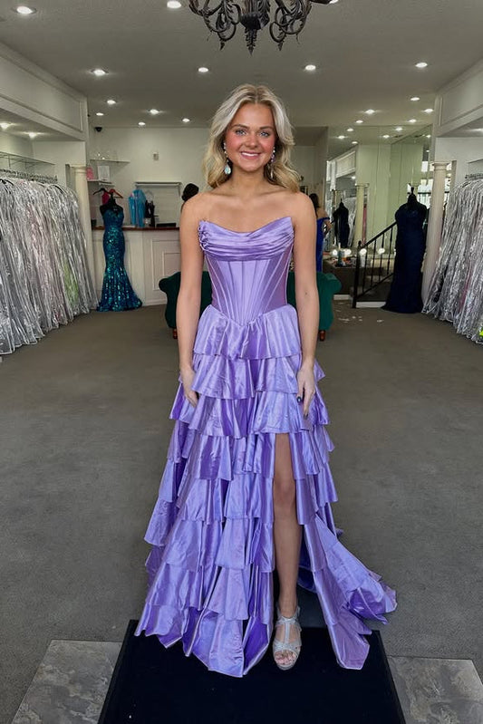 Pretty Pink A-Line Tiered Satin Party Prom Dress With Slit