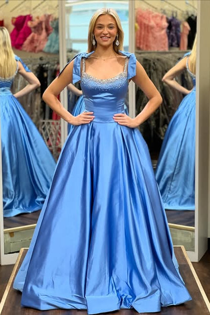 Beaded Bateau Straps A-Line Empire Long Party Prom Dress
