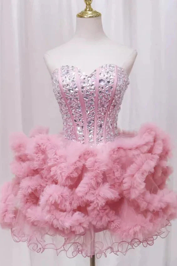 Pink Sweetheart Neck Tutu Dress with Rhinestone Cute Homecoming Dress