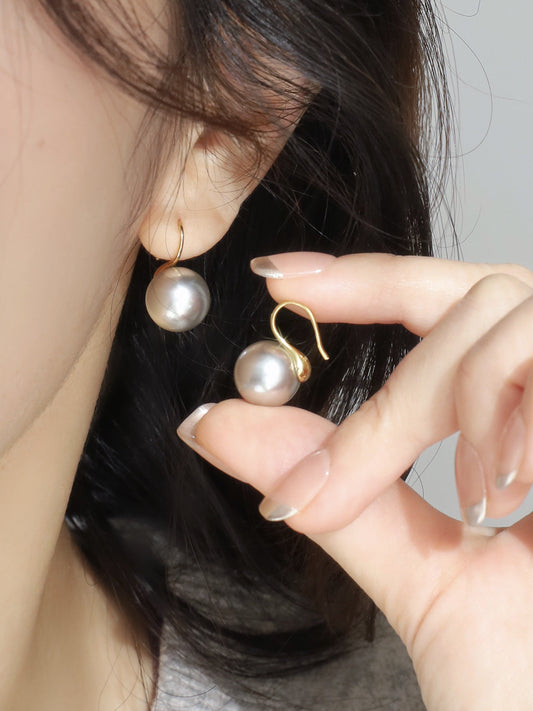 Gray Pearl Earrings Temperament Versatile Women's Classic Round Earhooks e015