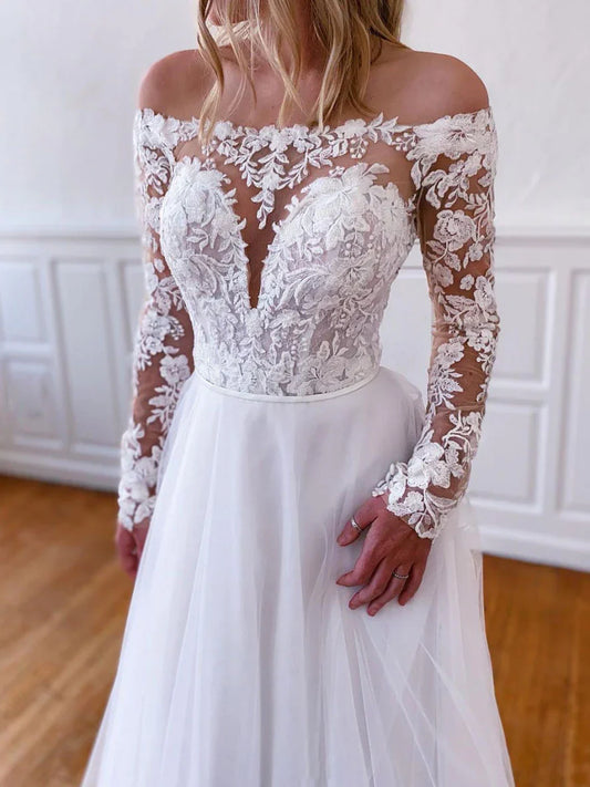 White lace tulle long prom dress, white lace tulle evening dress    fg3859