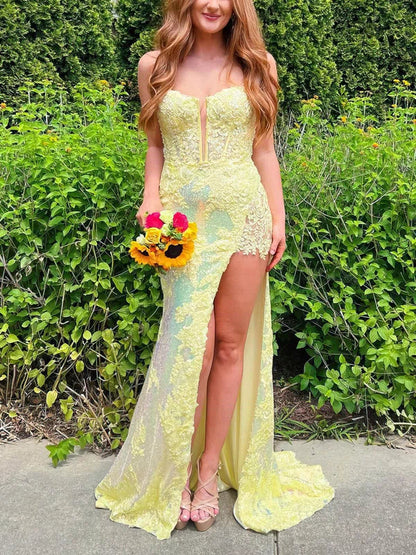 Mermaid V-neck Sequined Sweep Train Prom Dresses With Split      fg4215