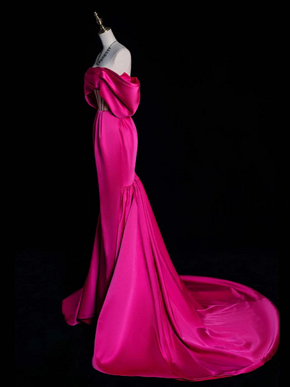 Simple Mermaid Off-the-shoulder Rose Red Satin Long Prom Dress Evening Dress SH1673