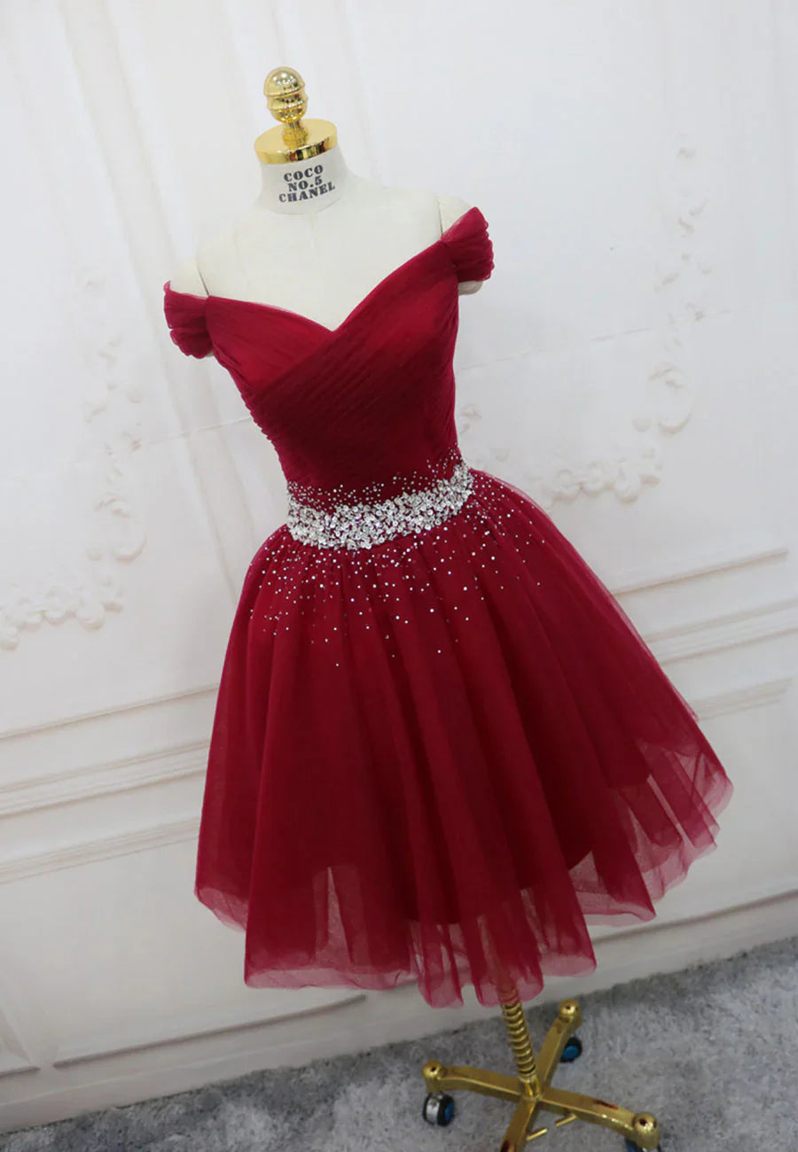 Elegant Homecoming Dress Off the Shoulder Tulle Rinestone Short Prom Dress Back to School Outfits Party Dress  D6098