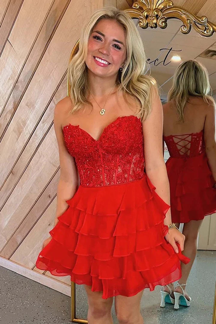 Strapless Blue Sheer Corset A-Line Ruffle Homecoming Dress