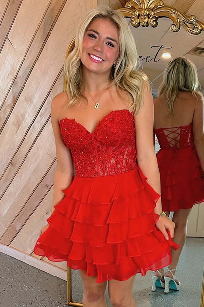 Strapless Blue Sheer Corset A-Line Ruffle Homecoming Dress