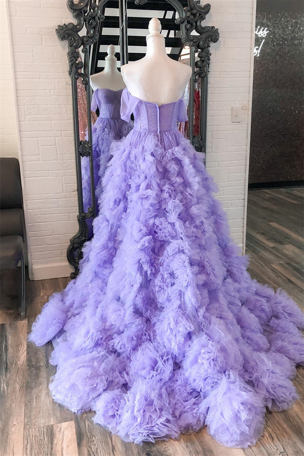 Lavender Off-Shoulder Ruffled Layers A-line Long Prom Dress