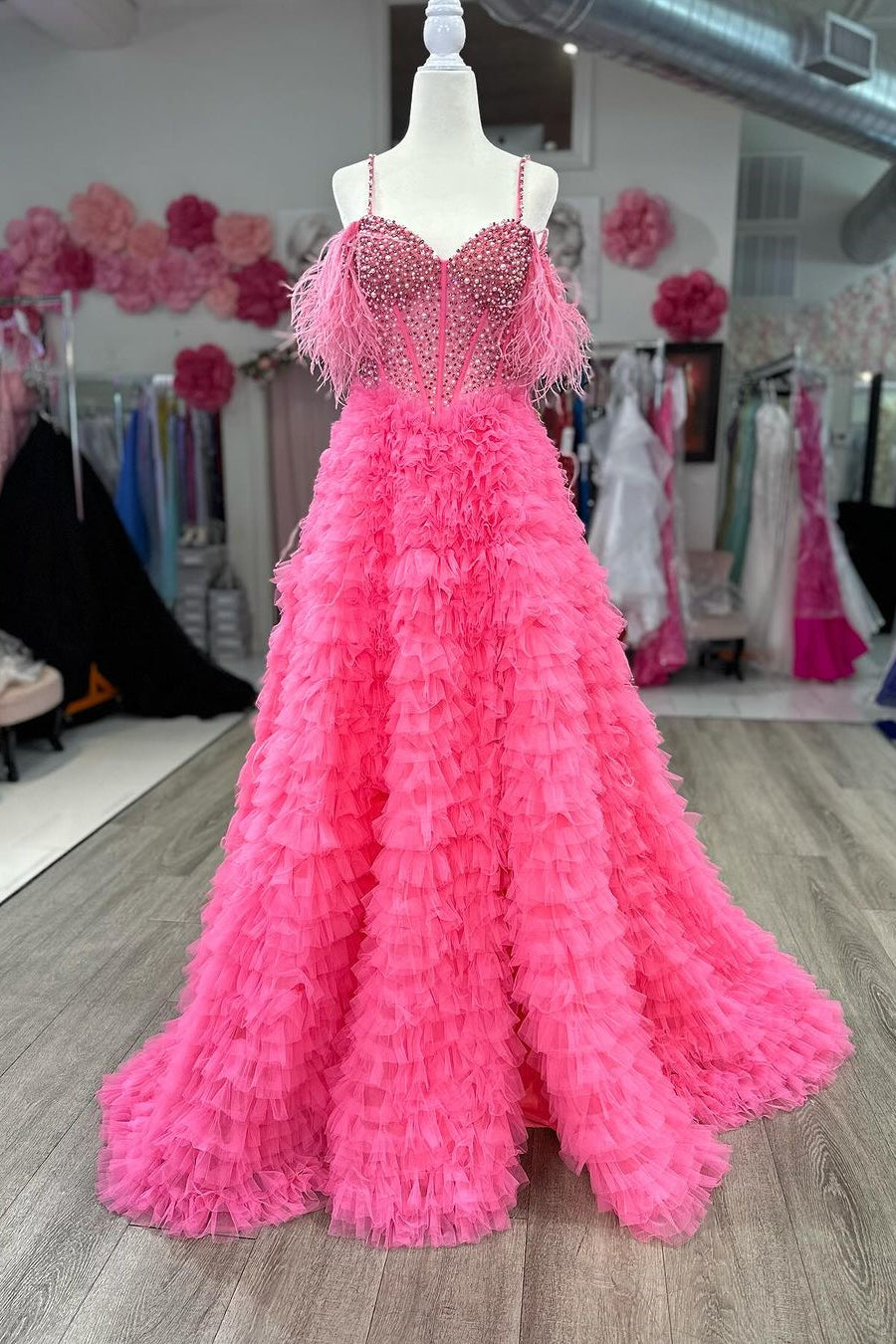 White Feathered Off-Shoulder Beaded Ruffled Layers Long Prom Dress