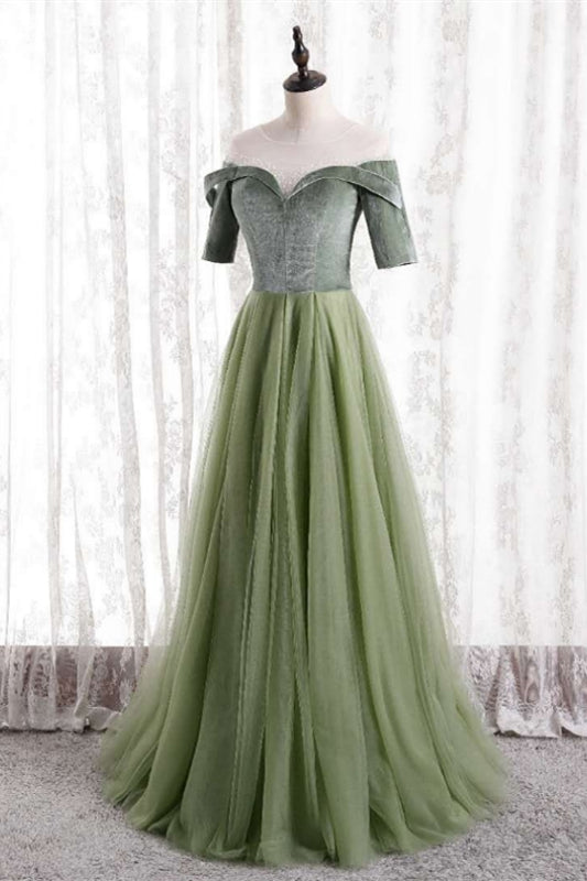 Casual Green A-Line Off-Shoulder Two Tone Party Prom Dress