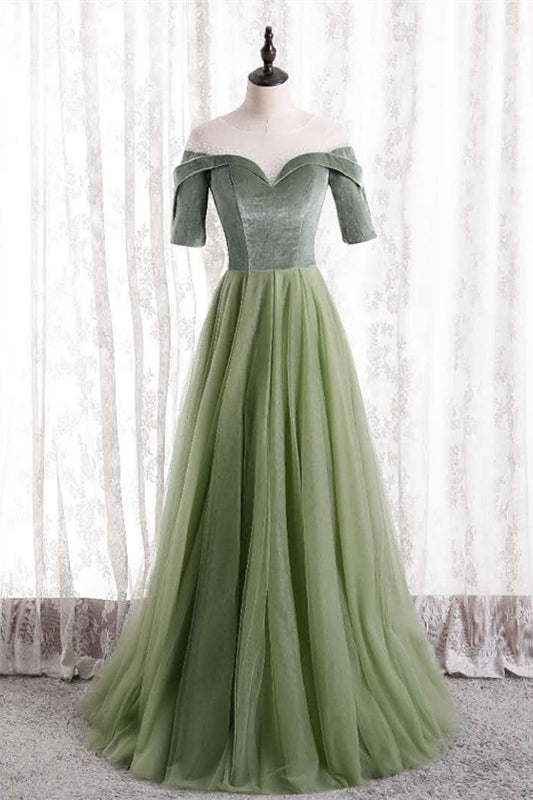 Casual Green A-Line Off-Shoulder Two Tone Party Prom Dress