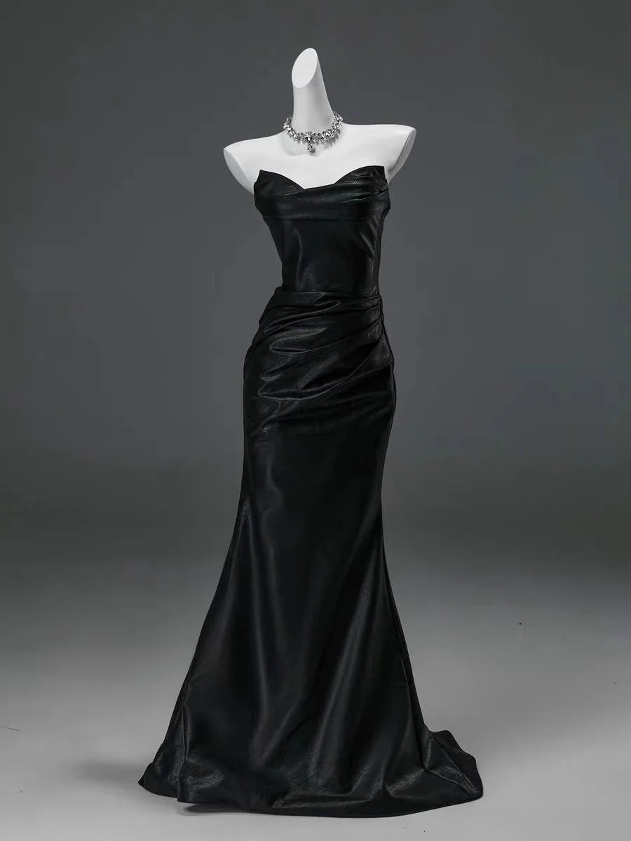 Black Mermaid Strapless Satin Long Prom Dress Evening Dress SH1826