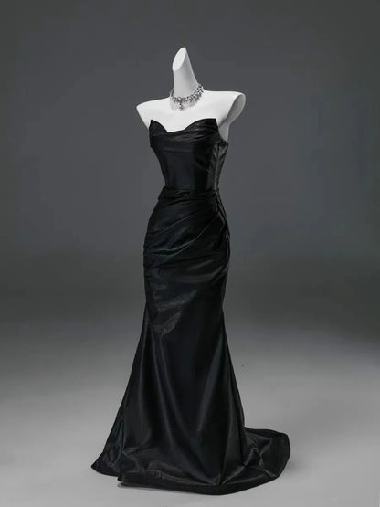 Black Mermaid Strapless Satin Long Prom Dress Evening Dress SH1826