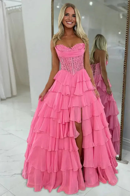 Chiffon A-Line Strapless Empire Tiered Party Prom Dress With Slit