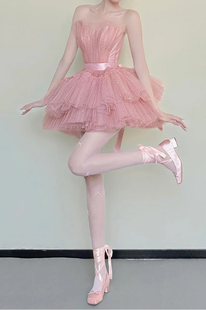 Charming Homecoming Dress Strapless Tulle Lace Short Prom Dress Back to School Outfits Party Dress  D6033