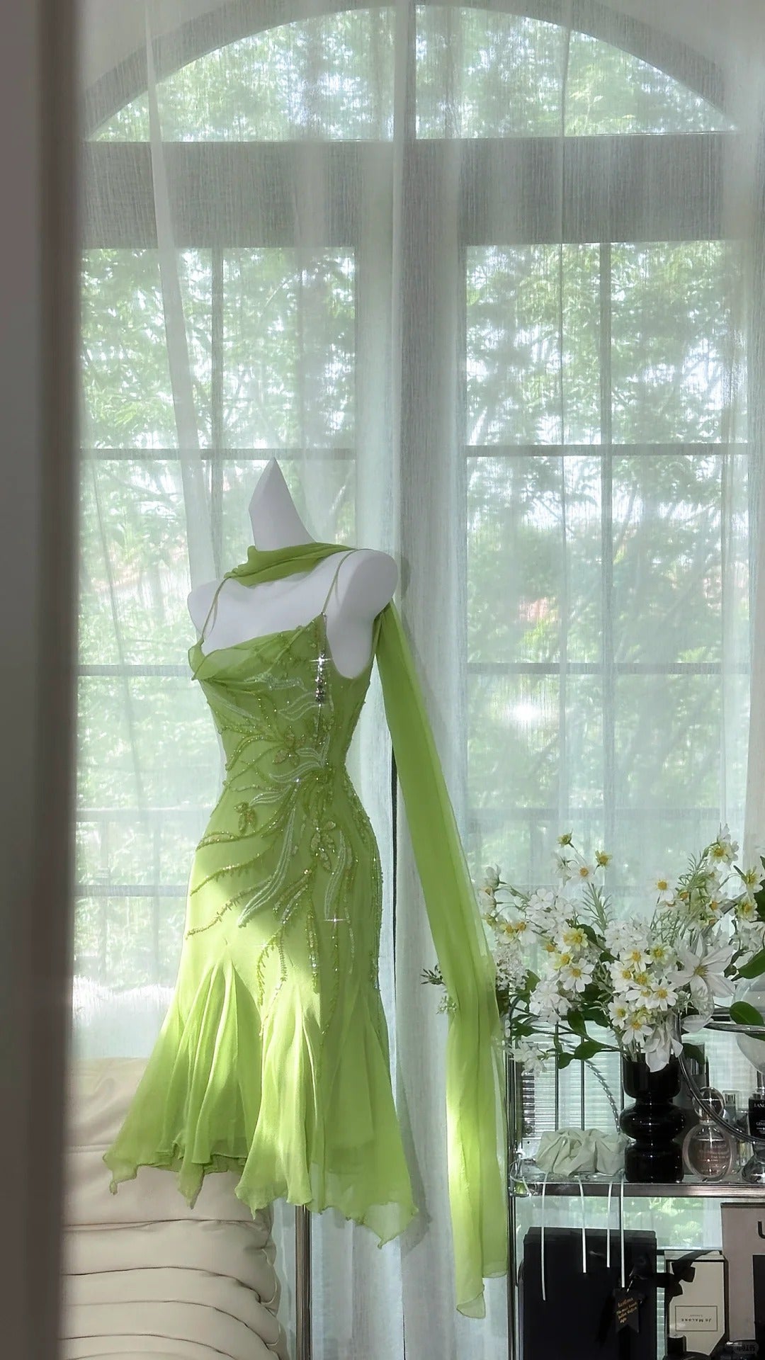 Chic Green Sequin Spaghetti Strap A-line Chiffon Party Dresses Homecoming Dresses, D1329