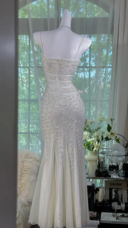 Elegant Mermaid Spaghetti Strap Beaded White Chiffon Party Dress Evening Dress SH2791