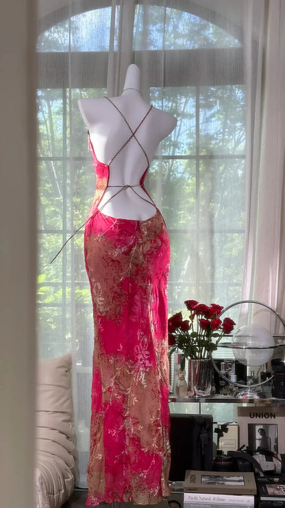 Sexy Mermaid Spaghetti Strap Pink Print Floral Chiffon Prom Dress Wedding Guest Dress SH4326