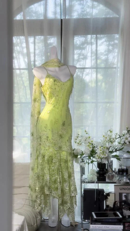 Stunning Mermaid Spaghetti Strap Beaded Green Chiffon Prom Dress Evening Dress SH3210