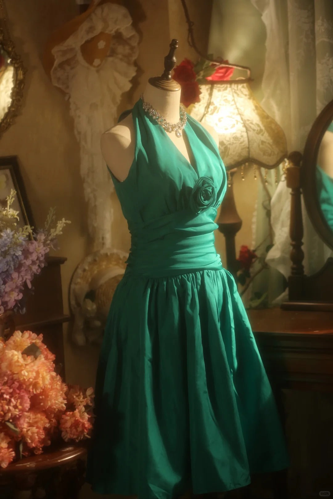 Charming Homecoming Dress Halter Pleated Flower Dress Back to School Outfits Party Dress  D6402