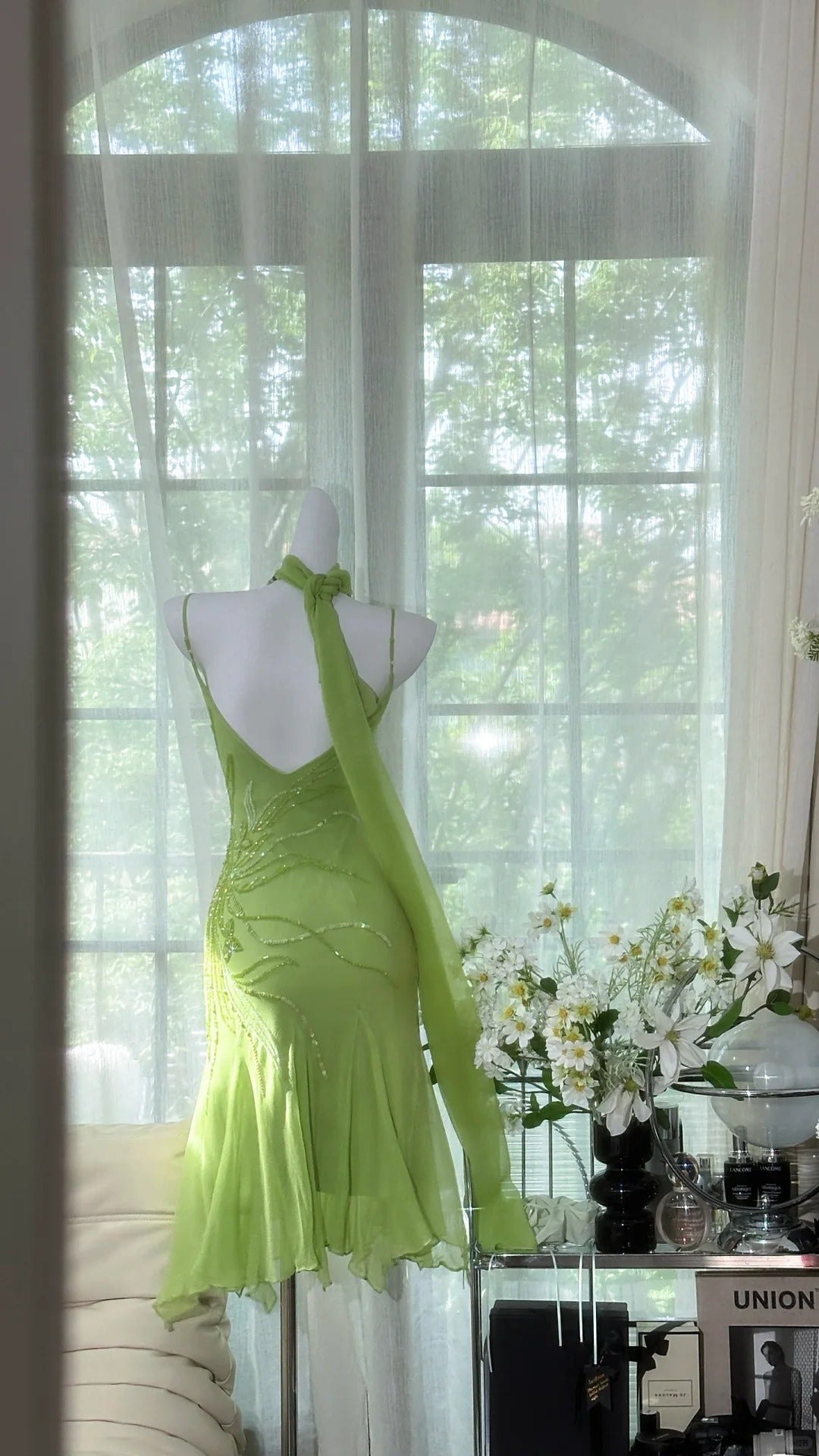 Chic Green Sequin Spaghetti Strap A-line Chiffon Party Dresses Homecoming Dresses, D1329