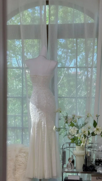 Elegant Mermaid Spaghetti Strap Beaded White Chiffon Party Dress Evening Dress SH2791