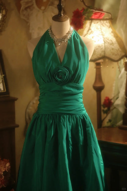 Charming Homecoming Dress Halter Pleated Flower Dress Back to School Outfits Party Dress  D6402
