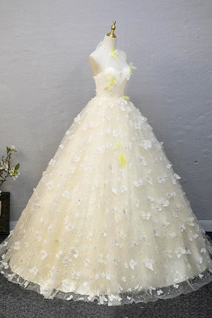 Elegant Halter Neckline Tulle Floor Length Prom Dress, off-white A-Line Evening Formal Dress ED01093