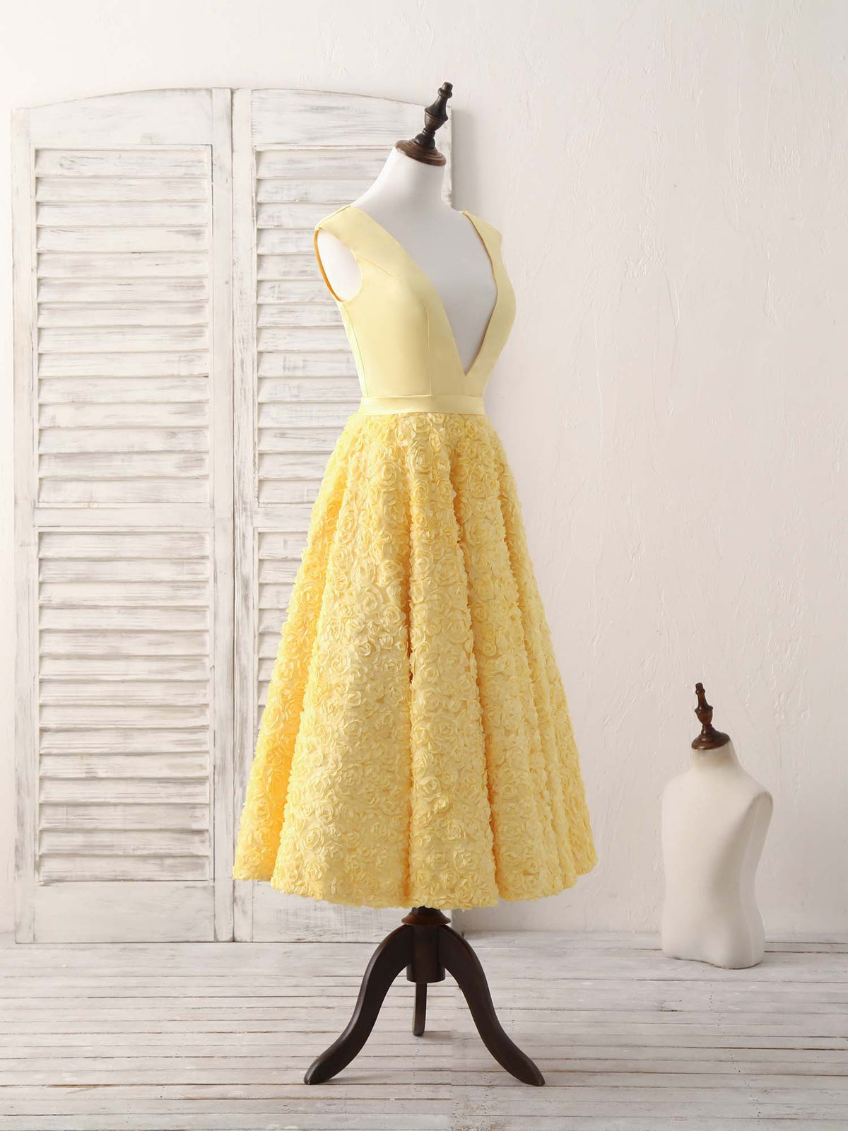 Yellow V Neck 3D Floral Satin Tea Long Homecoming Dress SH1629
